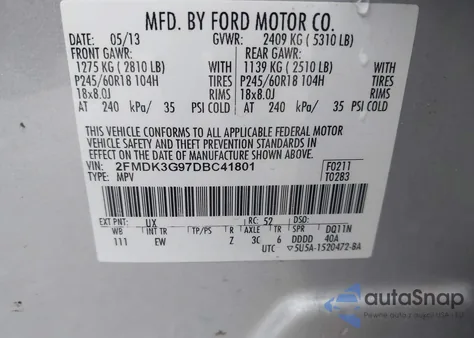 2013 Ford Edge Se from USA, damaged, VIN 2FMDK3G97DBC41801